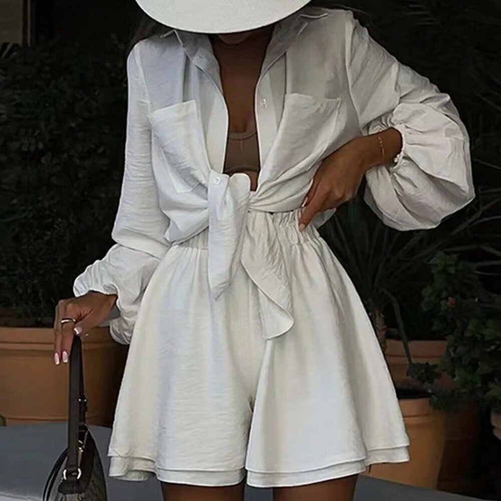 White Casual Women's Lantern Sleeve Shirt And Shorts Set